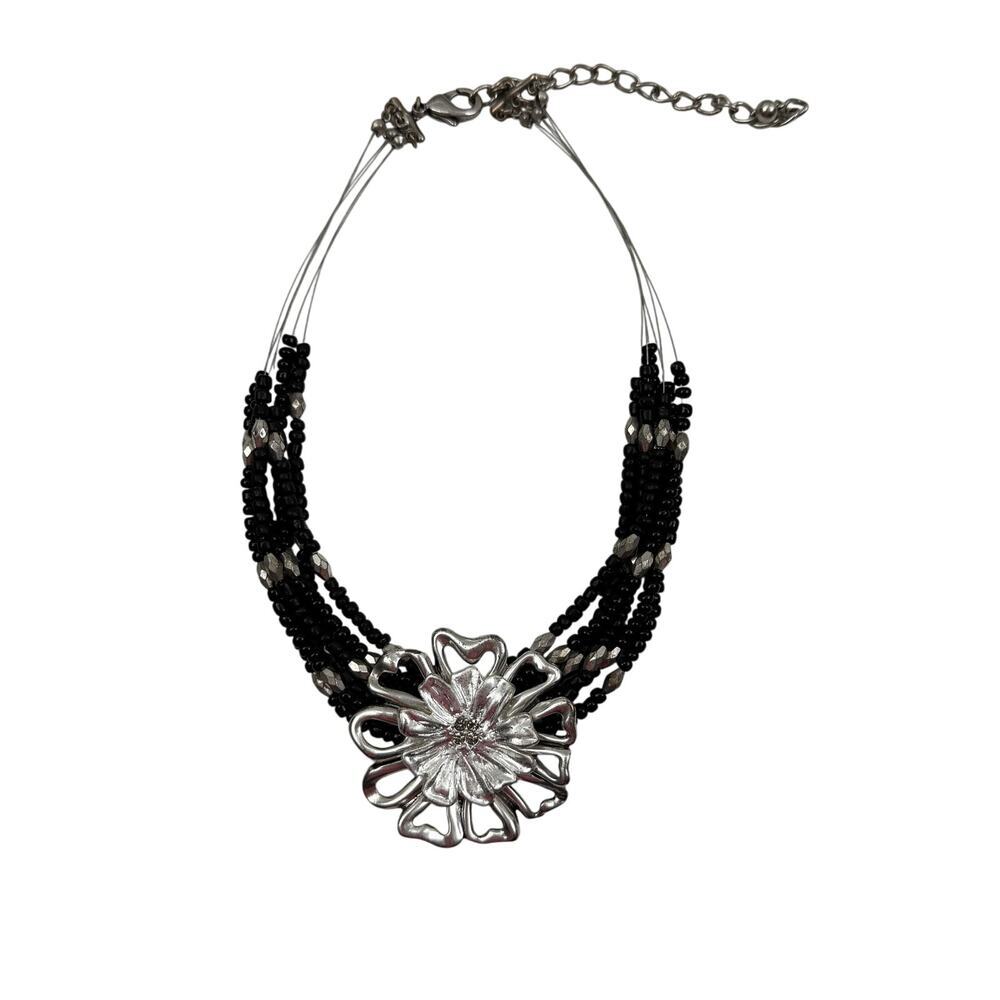Chico's Black and Silver Beaded Silver Flower Statement Necklace